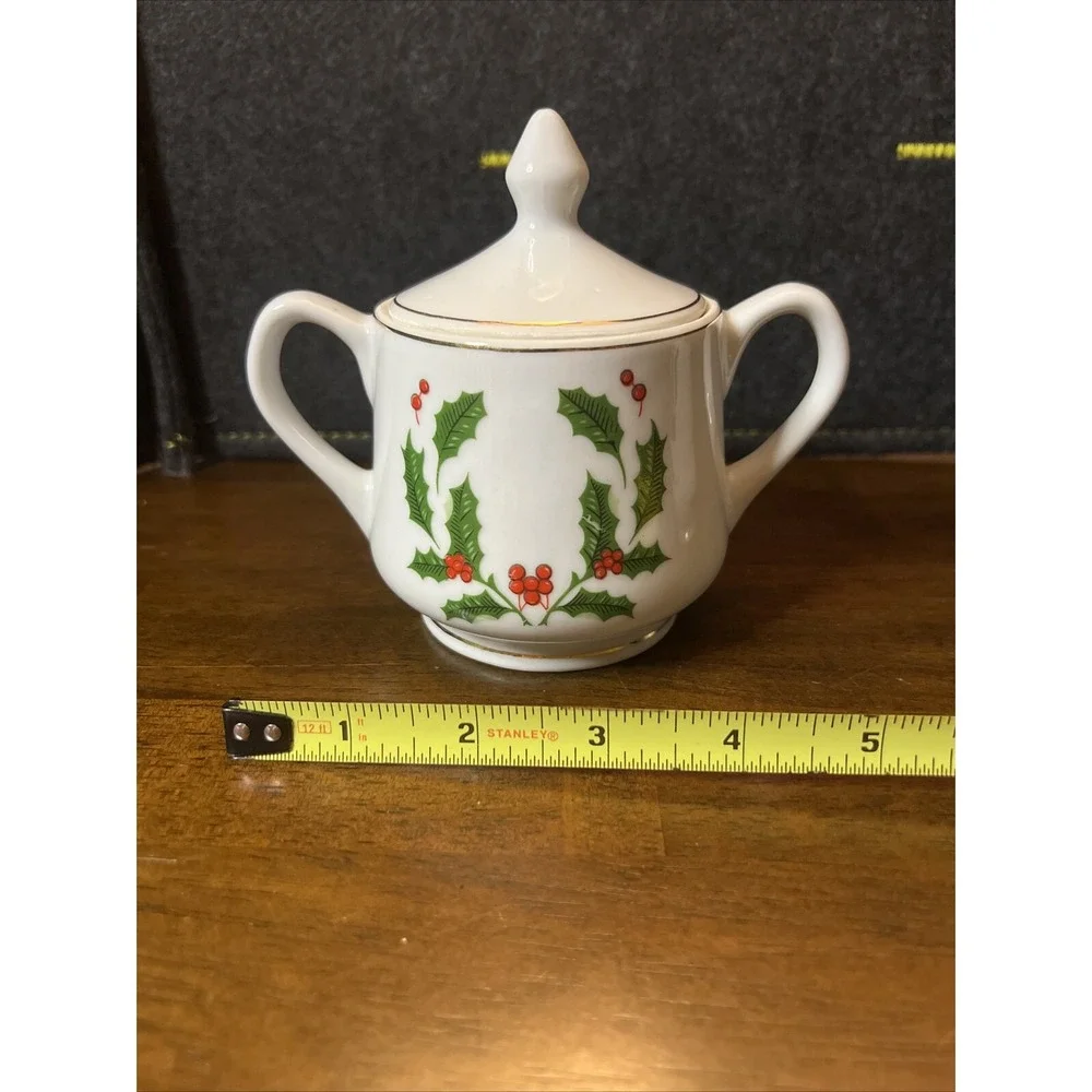 Vtg Holly on White‎ Creamer + Sugar Bowl Lid Christmas Holiday China Winter